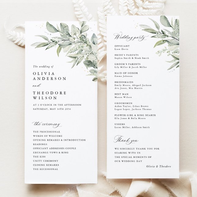 Programme Cérémonie de mariage à l'aquarelle botanique vert  (Sage green botanical watercolor wedding program ceremony card, modern classic greenery stationery)