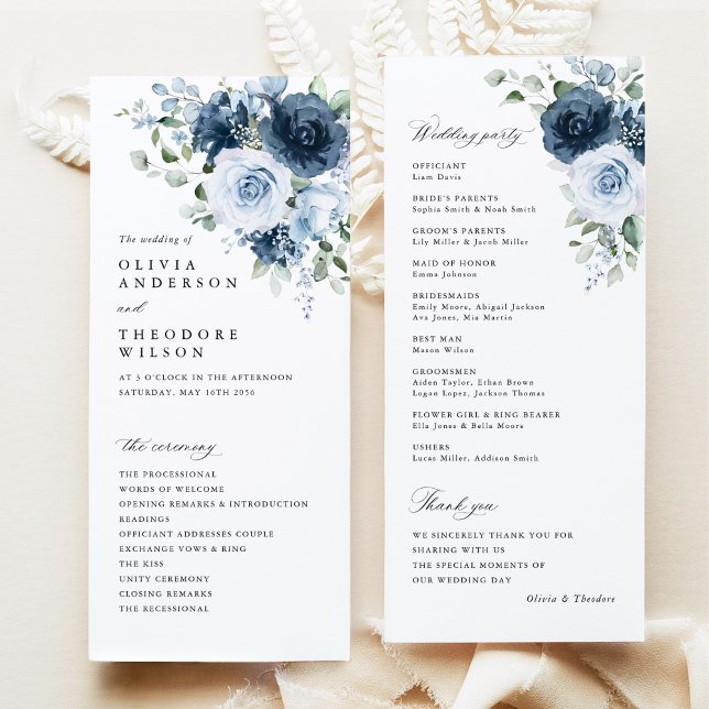 Programme Cérémonie de mariage à l'aquarelle florale bleu po (Dusty blue navy floral wedding program set, watercolor bouquet, elegant fine art stationery)