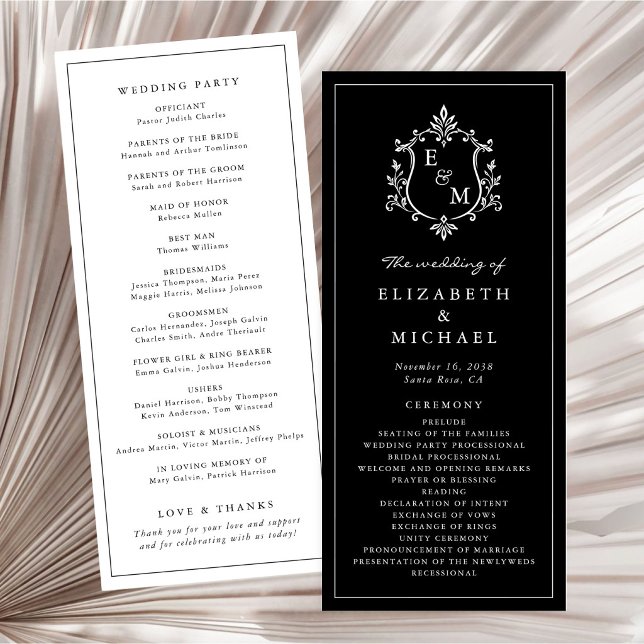 Programme Cérémonie de mariage au blason monogramme élégant (Elegant Monogram Crest Wedding Ceremony Program)