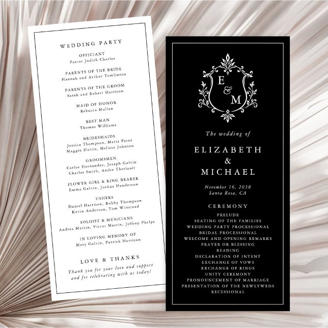 Programme Cérémonie de mariage au blason monogramme élégant (Elegant Monogram Crest Wedding Ceremony Program)