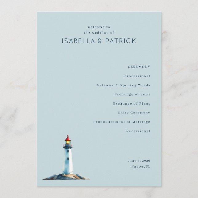 Programme Cérémonie de mariage au phare bleu serein (Devant)