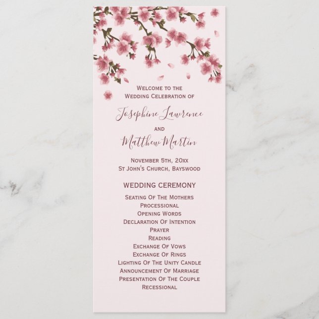 Programme Cérémonie de mariage aux fleurs de cerisier rose (Devant)