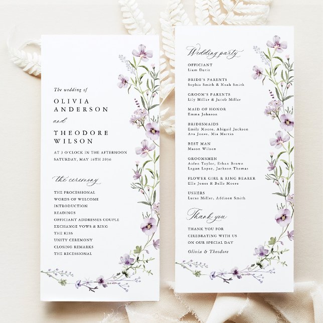 Programme Cérémonie de mariage aux fleurs sauvages de lavand (Lavender Wildflower Wedding Program, Lilac Ceremony Program, Purple Floral Order of Wedding Party)