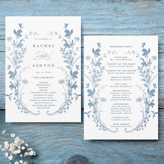 Programme Cérémonie de mariage botanique bleu français éléga (Front & Back)