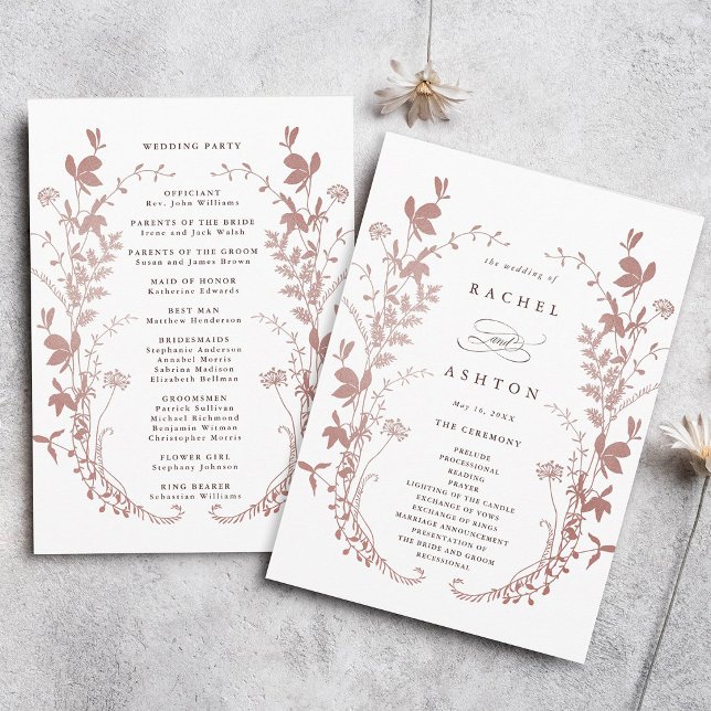 Programme Cérémonie de mariage botanique rose poussiéreuse r (Front & Back)