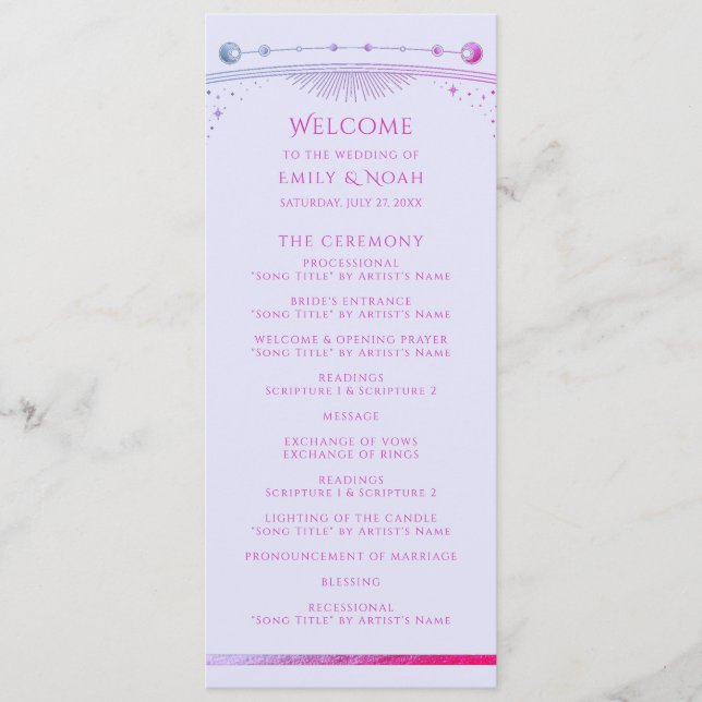 Programme Cérémonie de mariage céleste rose lavande (Devant)
