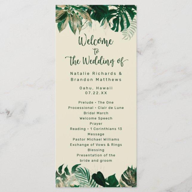 Programme Cérémonie de mariage chic avec feuillage tropical  (Devant)