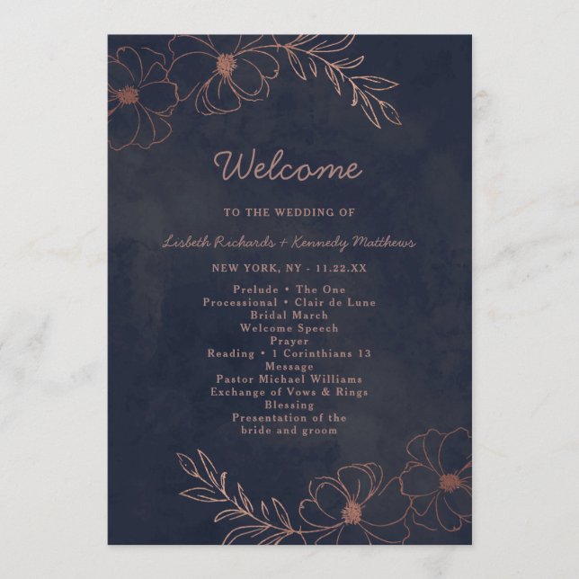 Programme Cérémonie de Mariage chic Blue & Rose Gold Foil de (Devant)