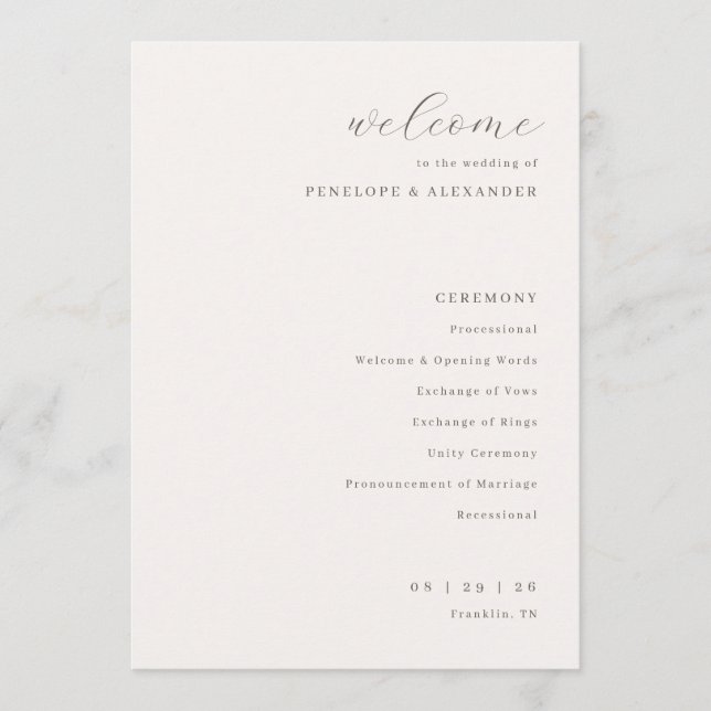 Programme Cérémonie de mariage Crème Élégante (Devant)