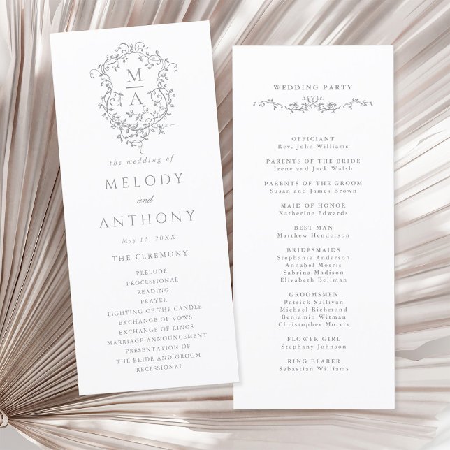 Programme Cérémonie de Mariage de Gris Classique Floral Cres (Front & Back)