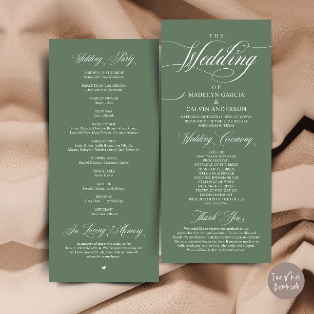 Programme Cérémonie de mariage Élégance Classique Ordre de r (Classic Elegance Wedding Ceremony Order Thank you Program Card in Sage Green)