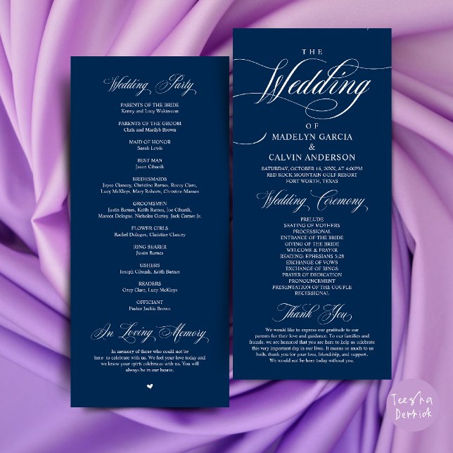 Programme Cérémonie de mariage Élégance Classique Ordre de r (Classic Elegance Wedding Ceremony Order Thank you Program Card in navy Blue)