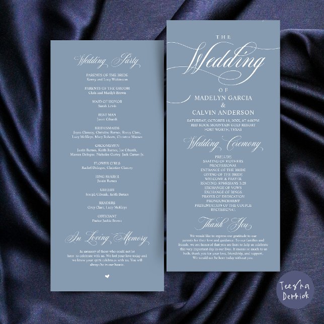 Programme Cérémonie de mariage Élégance Classique Ordre Merc (Classic Elegance Wedding Ceremony Order Thank you Program Card in Dusty Blue)