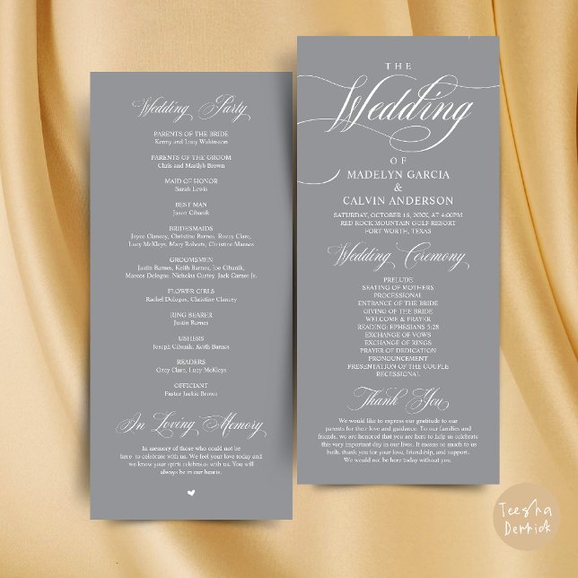Programme Cérémonie de mariage Élégance Classique Ordre Merc (Classic Elegance Wedding Ceremony Order Thank you Program Card in Dark Grey)