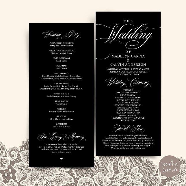 Programme Cérémonie de mariage Élégance Classique Ordre Merc (Classic Elegance Wedding Ceremony Order Thank you Program Card in Black and White)