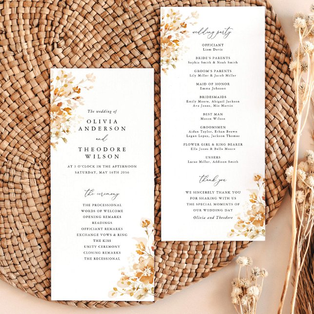 Programme Cérémonie de mariage élégante aux fleurs de terre  (Terracotta floral wedding program card, elegant ceremony order, burnt orange watercolor stationery)
