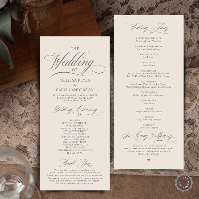 Programme Cérémonie de mariage élégante avec écriture crème  (Elegant Cream and Grey Script Wedding Ceremony Order Program Card in Cream and Grey)