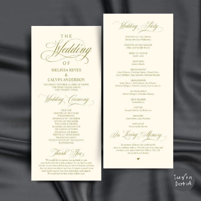 Programme Cérémonie de mariage élégante avec écriture dorée  (Elegant Gold and Cream Script Wedding Ceremony Order Program Card)