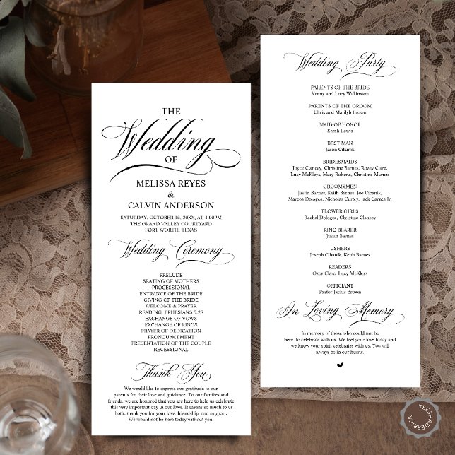 Programme Cérémonie de mariage élégante avec écriture en noi (Elegant Cream and Grey Script Wedding Ceremony Order Program Card in Black and White)