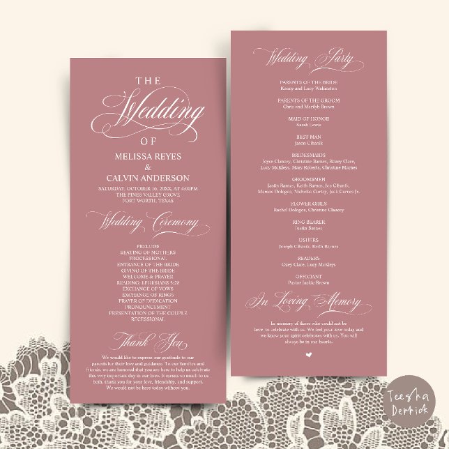 Programme Cérémonie de mariage élégante avec écriture rose p (Elegant Dusty Rose Pink Script Wedding Ceremony Order Program Card)