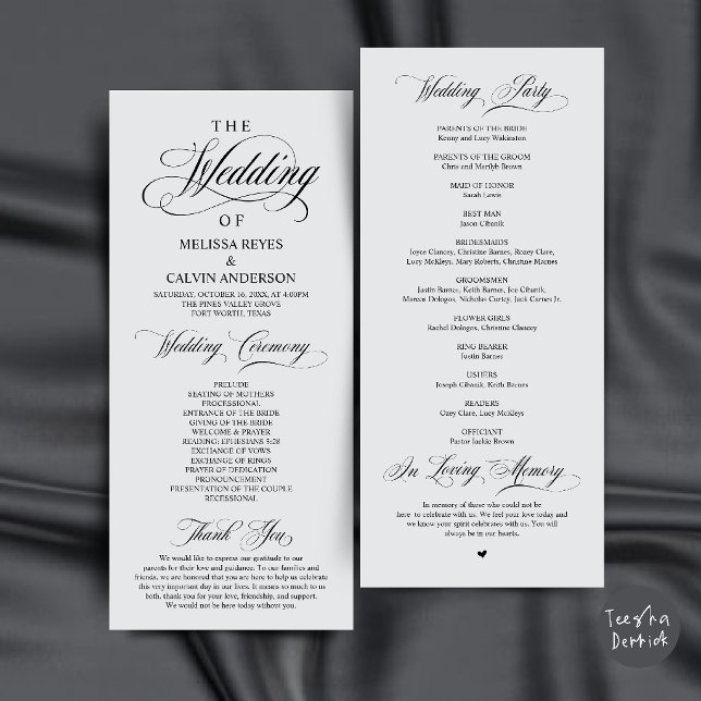 Programme Cérémonie de mariage élégante avec script gris déc (Elegant Chill Grey Script Wedding Ceremony Order Program Card)