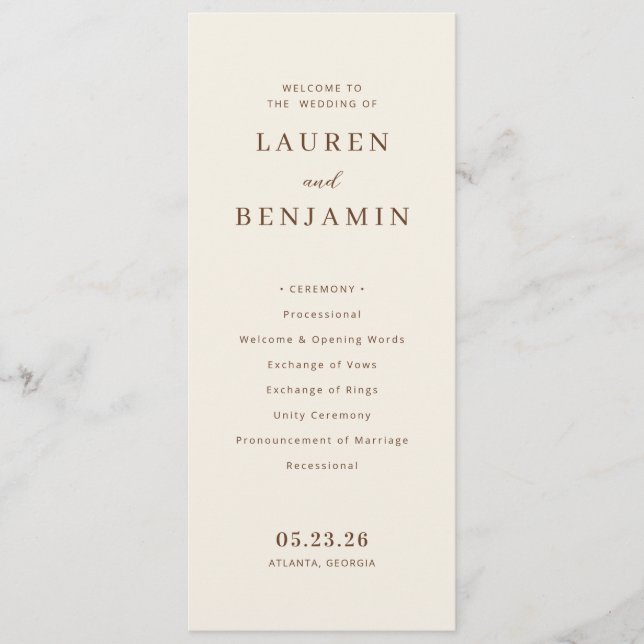 Programme Cérémonie de mariage élégante beige (Devant)