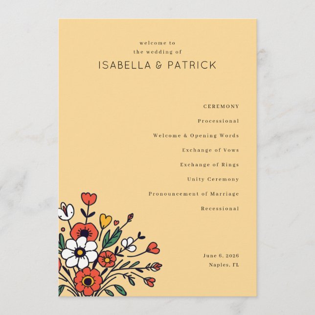Programme Cérémonie de mariage élégante beige floral (Devant)