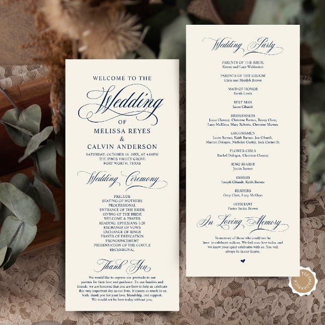 Programme Cérémonie de mariage élégante classique bleu marin (Elegant Classic Navy Blue and Ivory Script Wedding Ceremony Program Card)