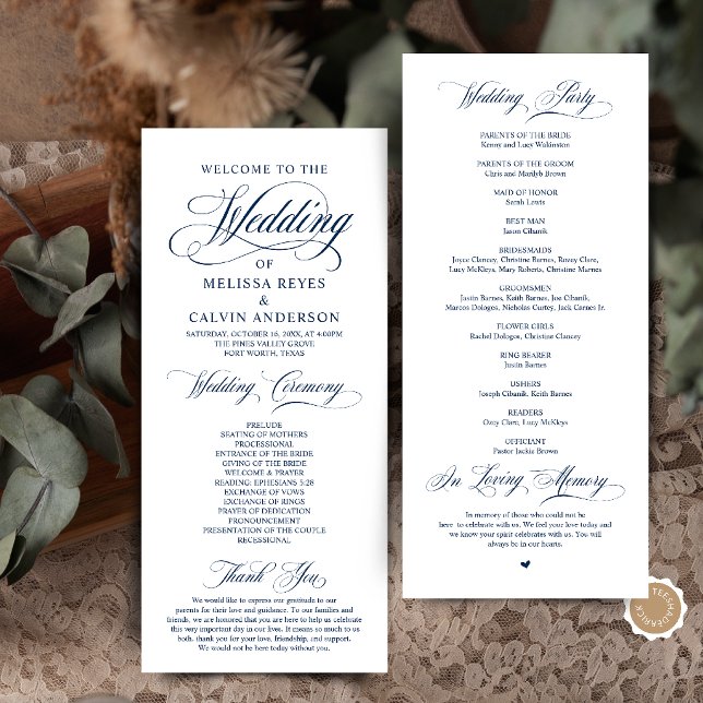 Programme Cérémonie de mariage élégante classique bleu marin (Elegant Classic Navy Blue Script Wedding Ceremony Program Card)