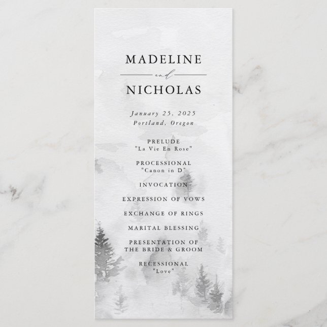 Programme Cérémonie de mariage élégante en forêt grise en hi (Devant)
