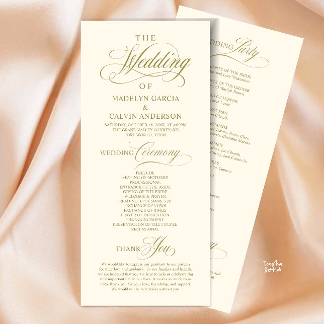 Programme Cérémonie de mariage élégante et classe avec ordre (Elegant Classy Gold Script Wedding Ceremony Order Program Card in Gold Yellow Cream)