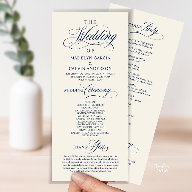 Programme Cérémonie de mariage élégante et classe bleu marin (Elegant Classy Gold Script Wedding Ceremony Order Program Card in Navy Blue Ivory)