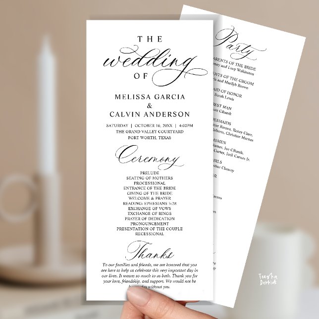 Programme Cérémonie de mariage élégante et classe moderne (Modern Classy Elegant Wedding Ceremony Program card black and white)