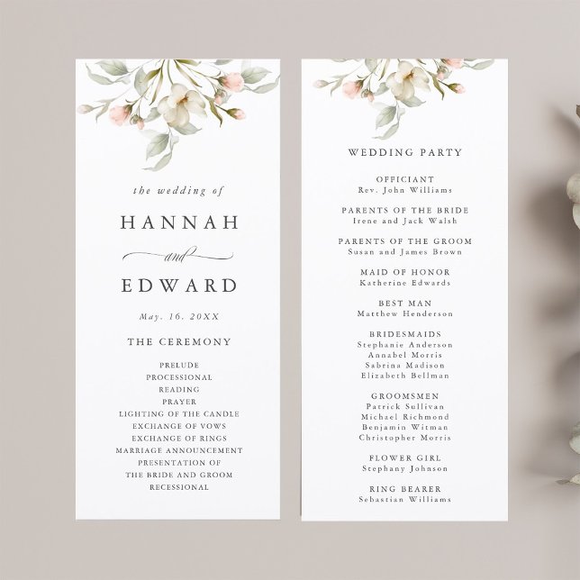 Programme Cérémonie de mariage élégante et florale au blush  (Front & Back)