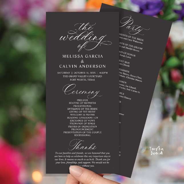 Programme Cérémonie de mariage élégante et moderne (Modern Classy Elegant Romantic Wedding Ceremony Program Card in Charcoal Grey)