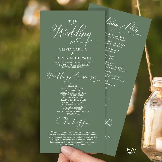 Programme Cérémonie de mariage élégante et moderne (Modern Elegant Classy Wedding Ceremony Order Program Card in sage green)