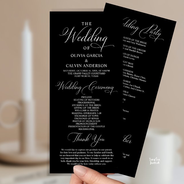 Programme Cérémonie de mariage élégante et moderne (Modern Elegant Classy Wedding Ceremony Order Program Card in black and white)