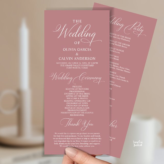 Programme Cérémonie de mariage élégante et moderne (Modern Elegant Classy Wedding Ceremony Order Program Card in dusty rose pink)