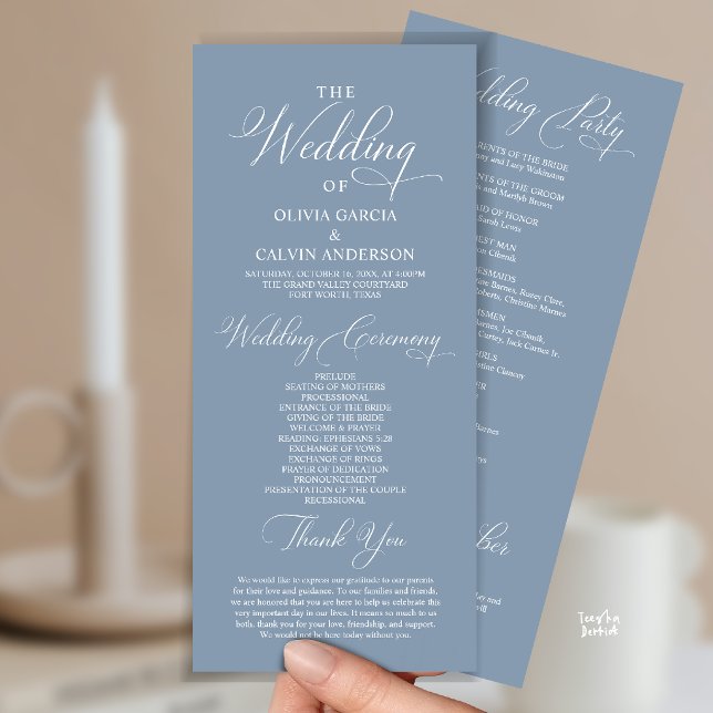 Programme Cérémonie de mariage élégante et moderne (Modern Elegant Classy Wedding Ceremony Order Program Card in dusty blue)