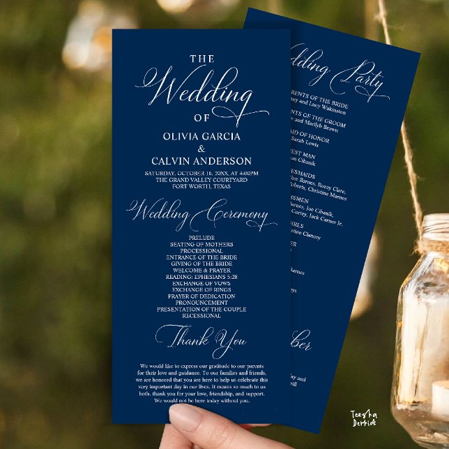 Programme Cérémonie de mariage élégante et moderne (Modern Elegant Classy Wedding Ceremony Order Program Card in Navy Blue)