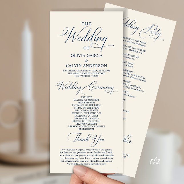 Programme Cérémonie de mariage élégante et moderne (Modern Elegant Classy Wedding Ceremony Order Program Card in Navy Blue and ivory)