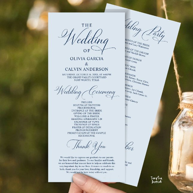 Programme Cérémonie de mariage élégante et moderne (Modern Elegant Classy Wedding Ceremony Order Program Card in misty Blue)