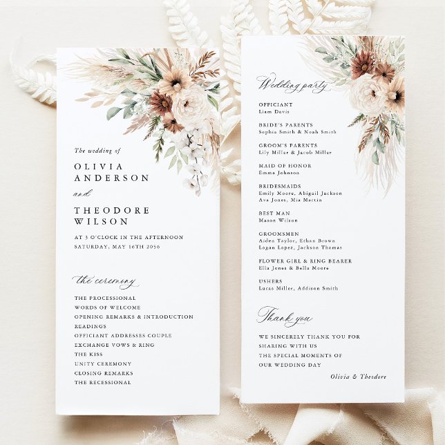 Programme Cérémonie de mariage floral avec herbe de Pampas B (Boho Pampas Grass Floral Wedding Program Card, Rustic Ceremony Program, Neutral Wedding Stationery)