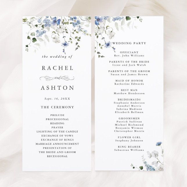 Programme Cérémonie de mariage floral bleu blanc vert élégan (Front & Back)
