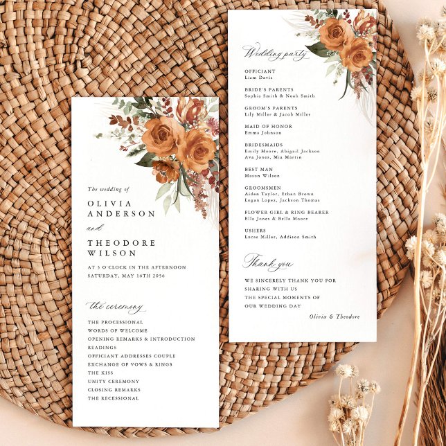 Programme Cérémonie de mariage floral bohème en terre cuite (Terracotta rose floral wedding program card with ceremony timeline, boho garden wedding stationery)