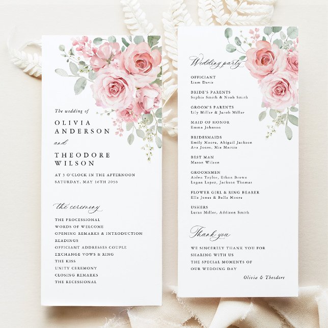 Programme Cérémonie de mariage floral rose carmin (Blush Rose Floral Wedding Program, Watercolor Blush Pink Floral  Ceremony Program)