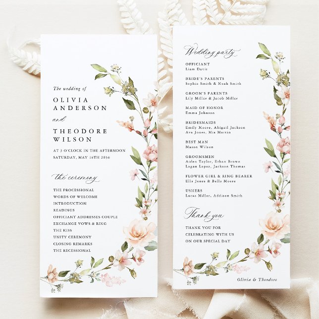 Programme Cérémonie de mariage floral rose pêche (Peach Blush Floral Wedding Program, Wildflower Ceremony Program, Wedding Party Program Stationery)