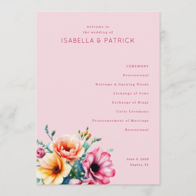 Programme Cérémonie de mariage floral rose romantique (Devant)