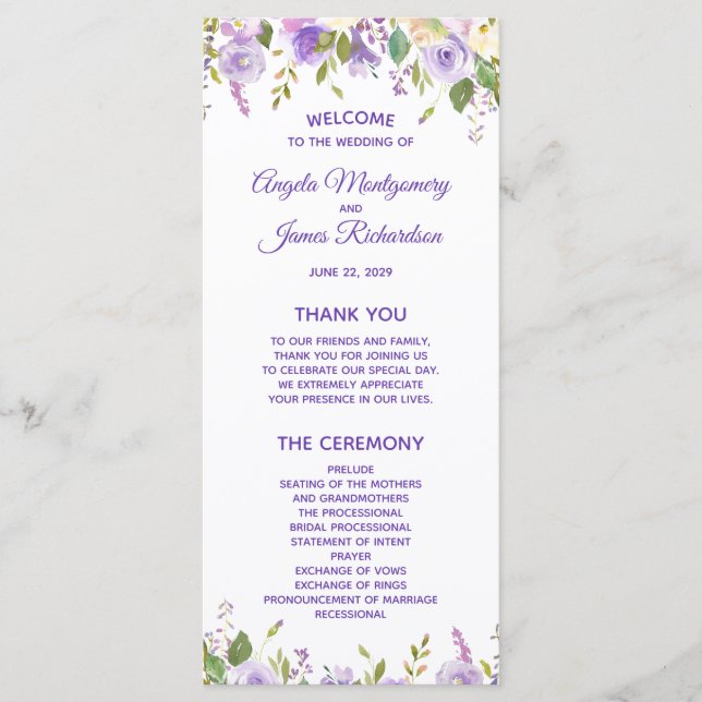 Programme Cérémonie de mariage florale à l'aquarelle violett (Devant)