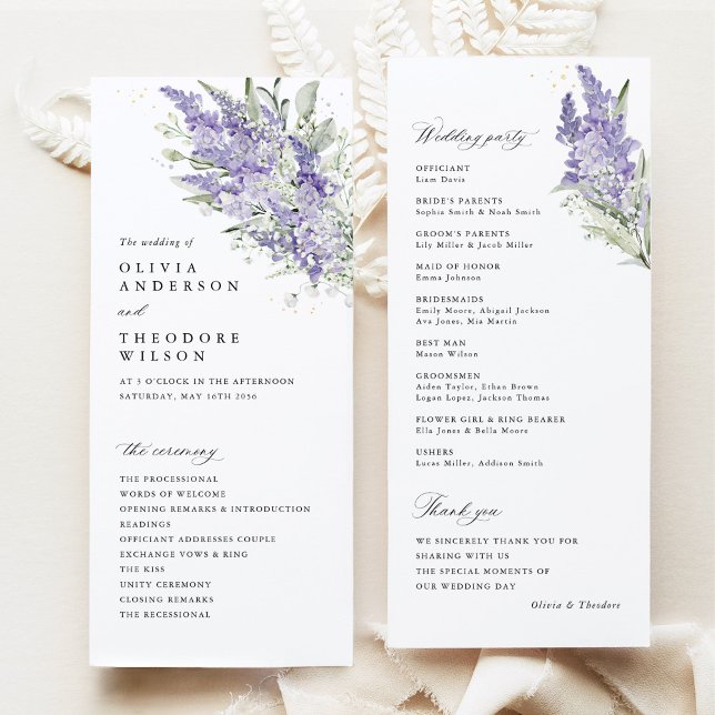 Programme Cérémonie de mariage florale au lavande et vert sa (Lavender sage green floral wedding program cards with ceremony order and wedding party, watercolor)